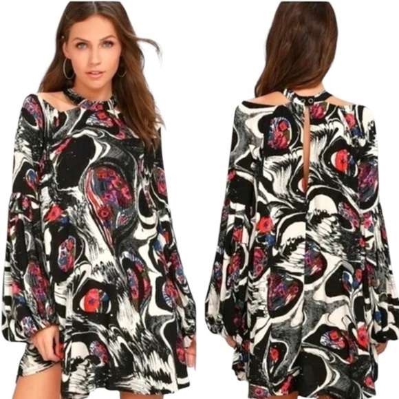 Free People Drift Away High Neck Balloon Sleeve Cold Shoulder Artsy Tunic Shirt - Picture 3 of 14